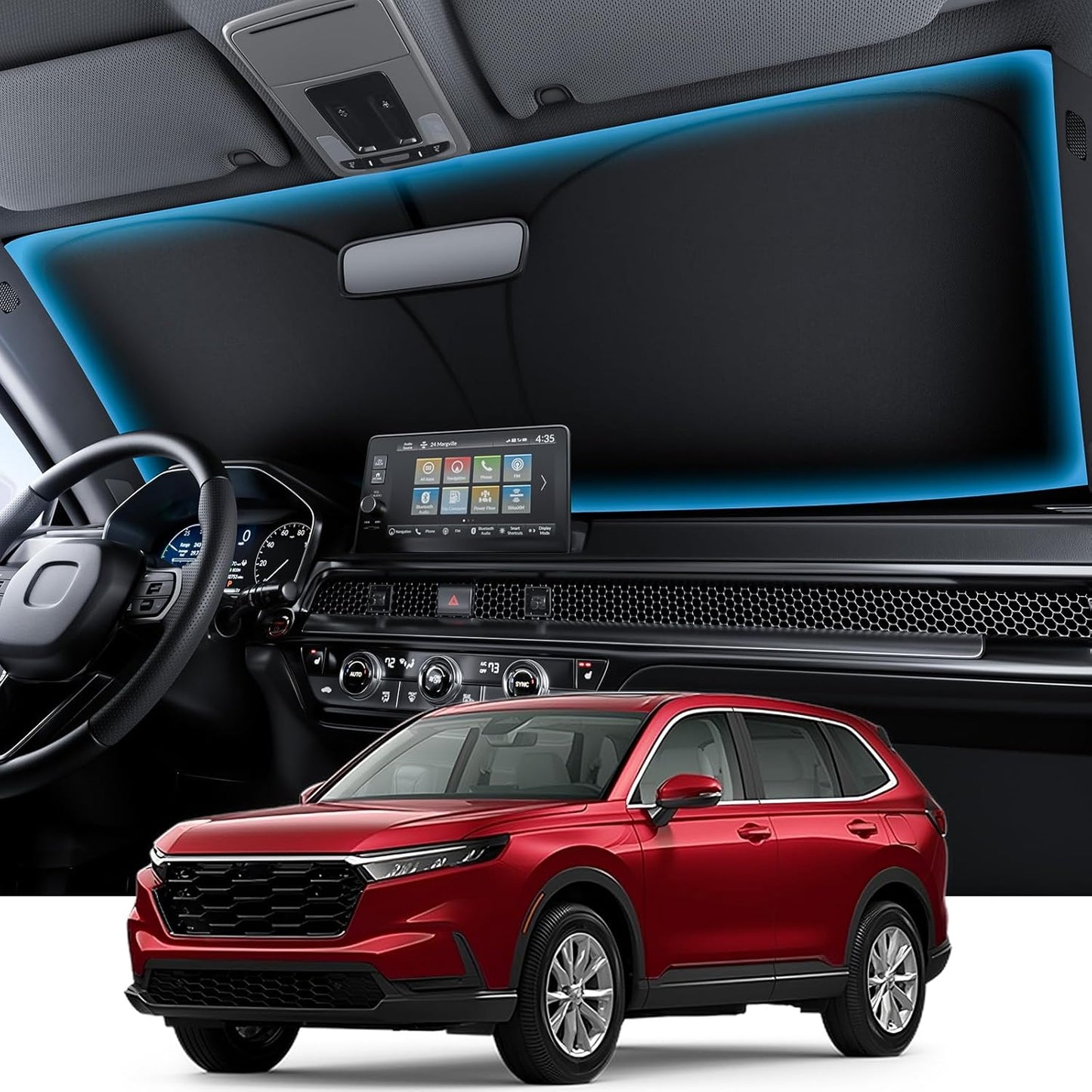 Car interior with a mounted screen and a red SUV in the foreground.