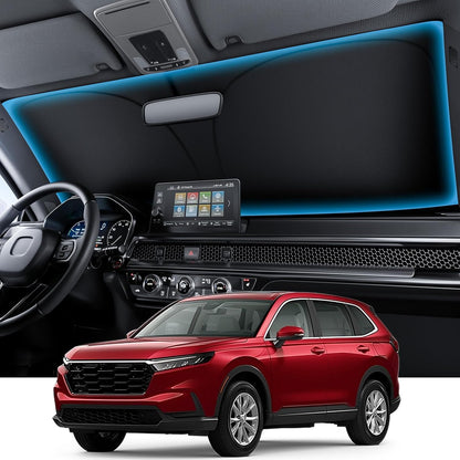 Car interior with a mounted screen and a red SUV in the foreground.