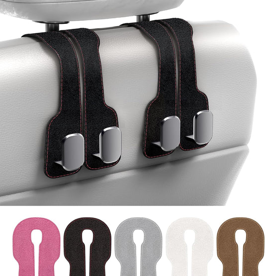 Car hook holder attached to a car's headrest with color options displayed below.