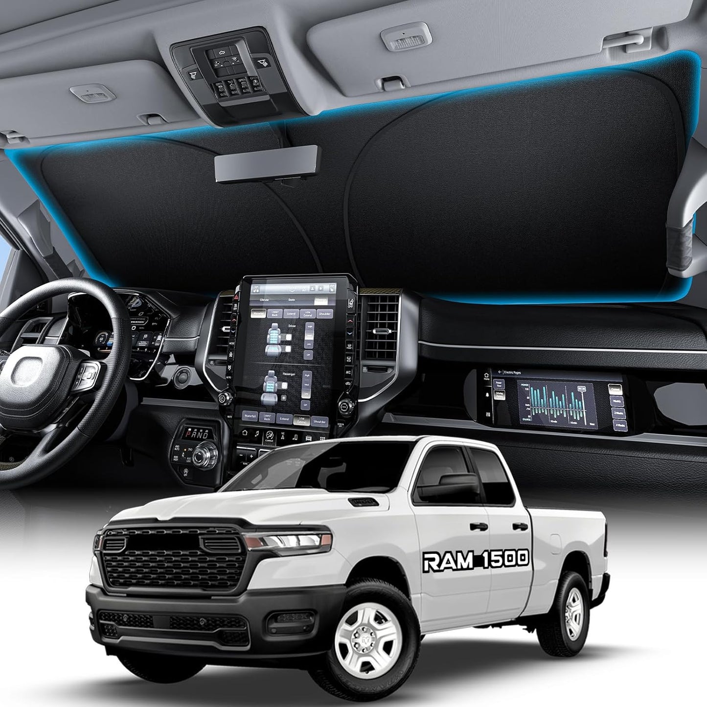 Collage of a truck's interior and exterior with a RAM 1500 model.