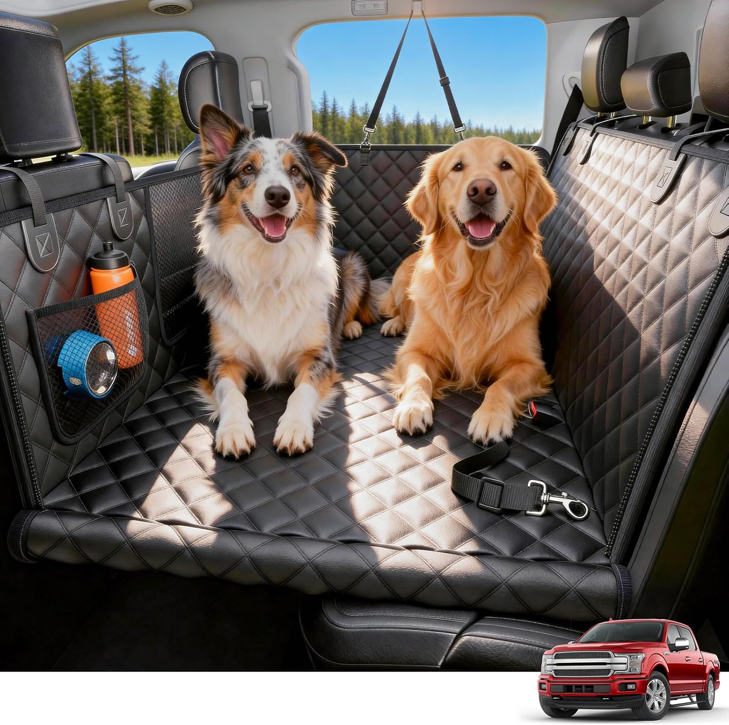 Two dogs sitting on a car bench seat cover with a red car in the corner.