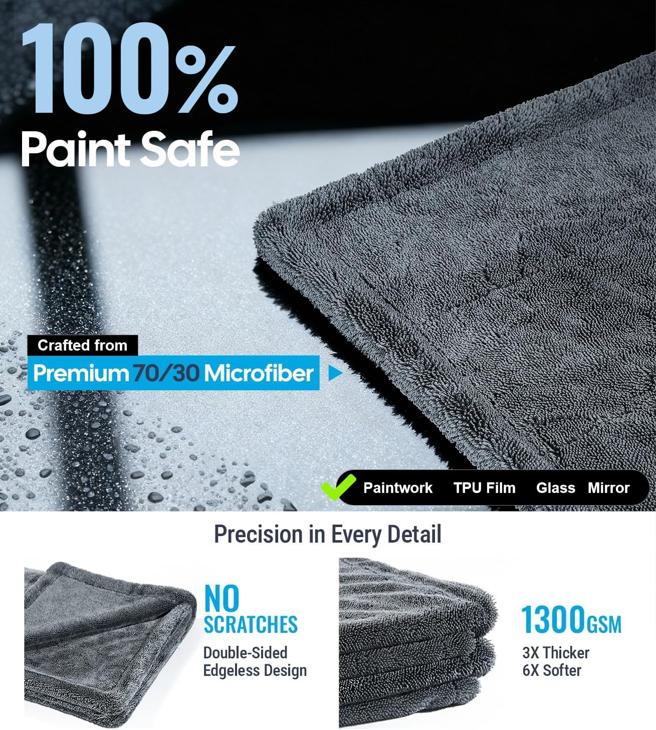 Gray microfiber towel with text highlighting paint safety and features on a black background