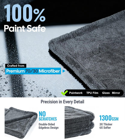 Gray microfiber towel with text highlighting paint safety and features on a black background