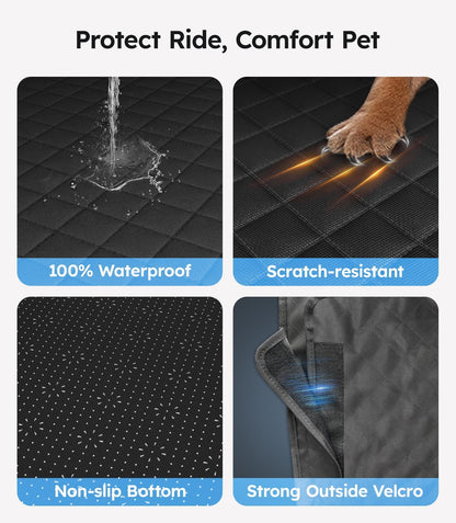 Car mat with features highlighted: waterproof, scratch-resistant, non-slip bottom, and strong outside velcro.