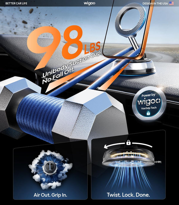 Wigoo 2026 Upgraded Car Phone Holder for Magsafe [98LBS Suction & 3000gf Magnetic] 360° Adjustable Car Mount, Cell Phone Holders for Your Car, for iPhone 17 Pro Max 16 15 14 13 12 Plus, Carbon Fiber WIGOO