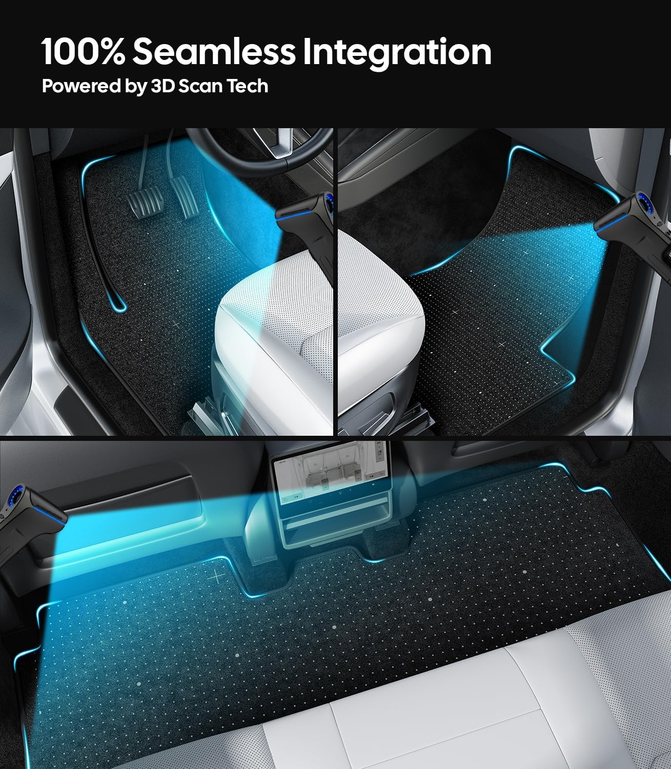 Car floor mats with 3D scan technology integration, showing close-up details and overall design.