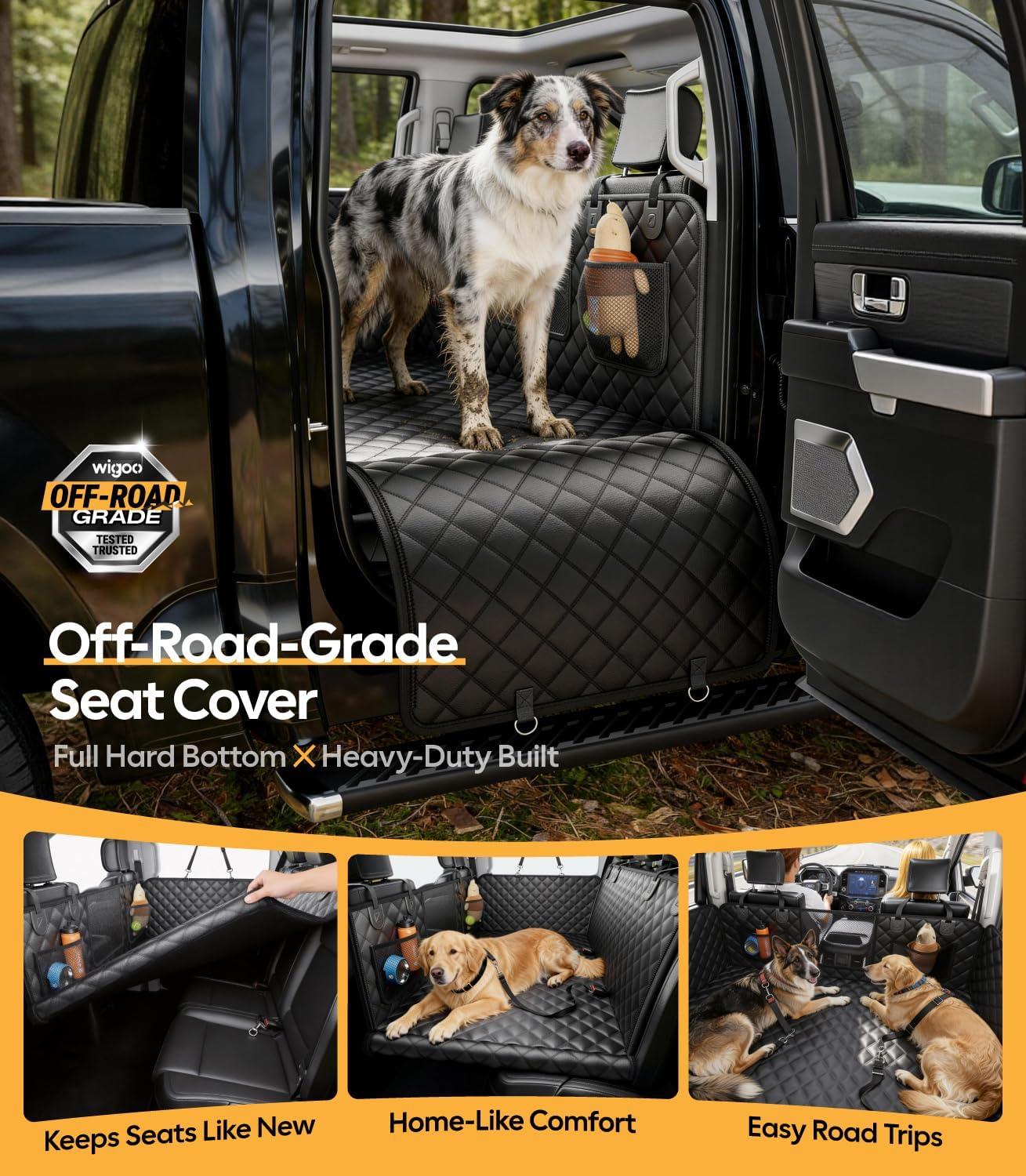 Dog on a black car seat cover with 'Off-Road-Grade' branding, showing durability and comfort.