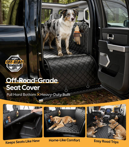 Dog on a black car seat cover with 'Off-Road-Grade' branding, showing durability and comfort.