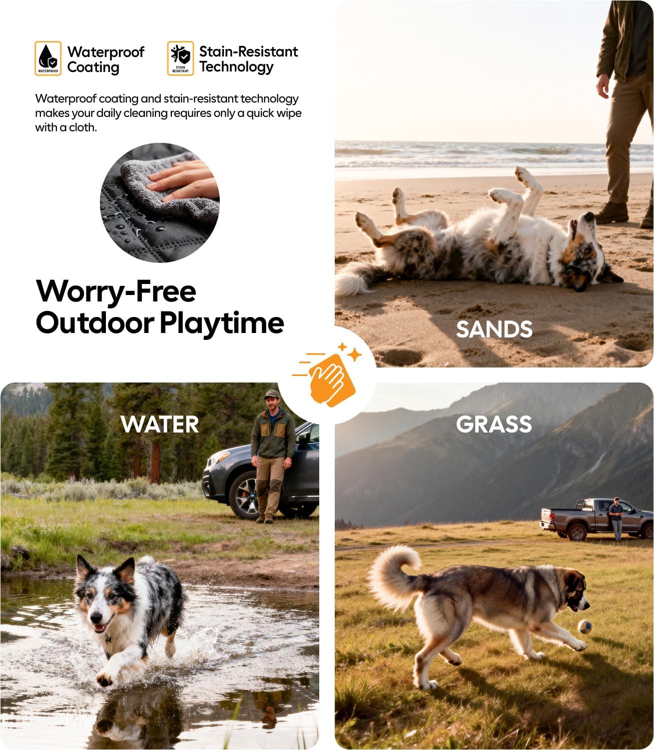 Advertisement for a product with text about waterproof coating and stain-resistant technology, showing dogs playing outdoors.