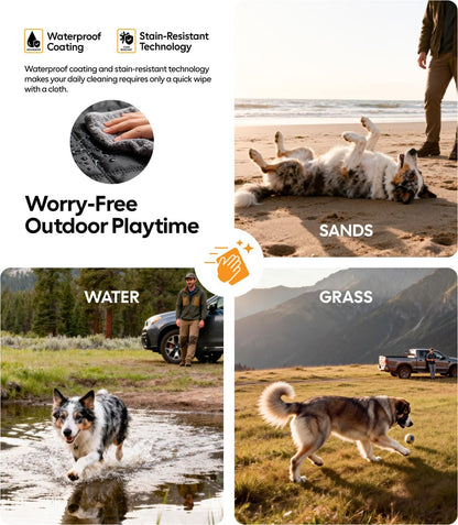 Advertisement for a product with text about waterproof coating and stain-resistant technology, showing dogs playing outdoors.