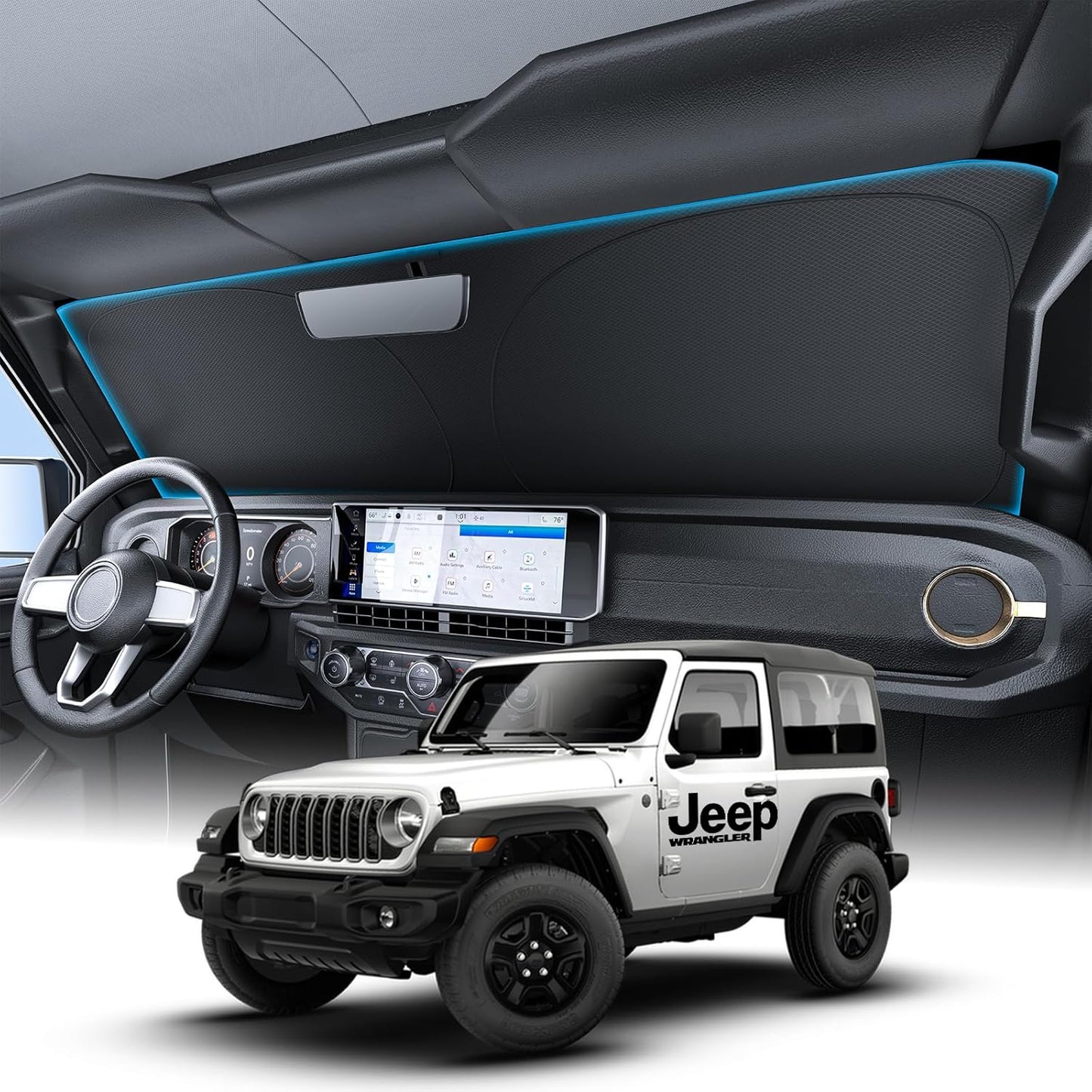 Jeep interior with dashboard and steering wheel, featuring a Jeep logo on a white background.