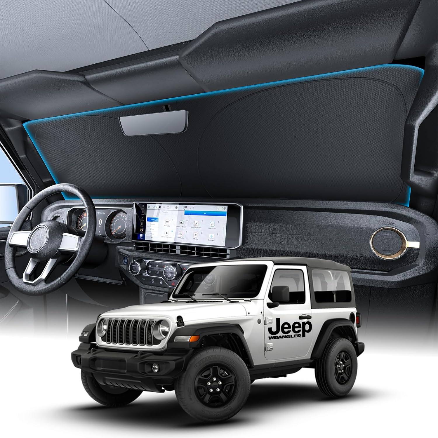 Jeep interior with dashboard and steering wheel, featuring a Jeep logo on a white background.