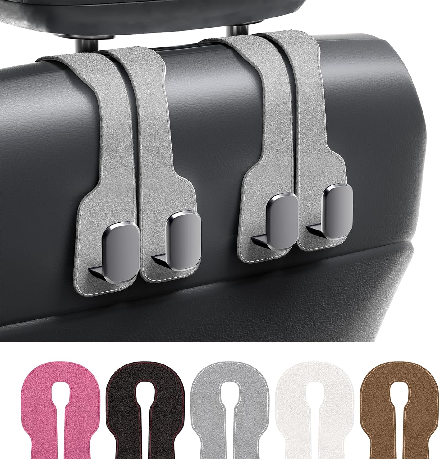 Car headrest hook with three hooks attached to a car seat, with color options displayed below.