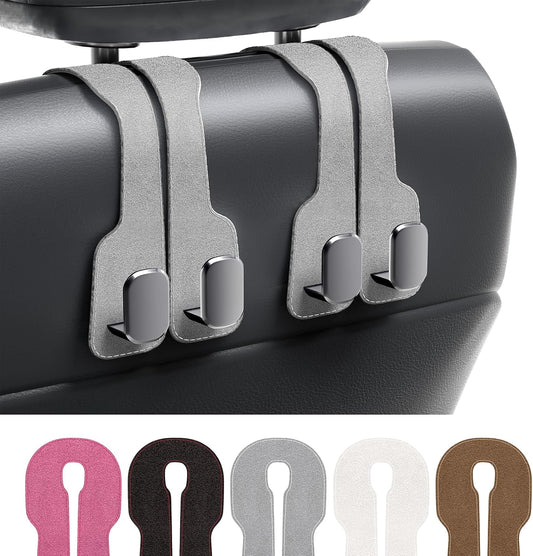 Car headrest hook with three hooks attached to a car seat, with color options displayed below.