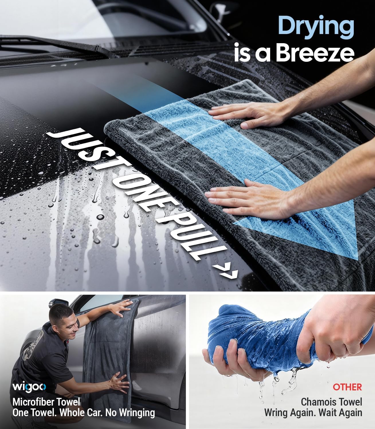 Car care product with text 'Drying is a Breeze' and 'Just One Pull' on a car surface.