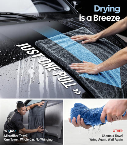 Car care product with text 'Drying is a Breeze' and 'Just One Pull' on a car surface.