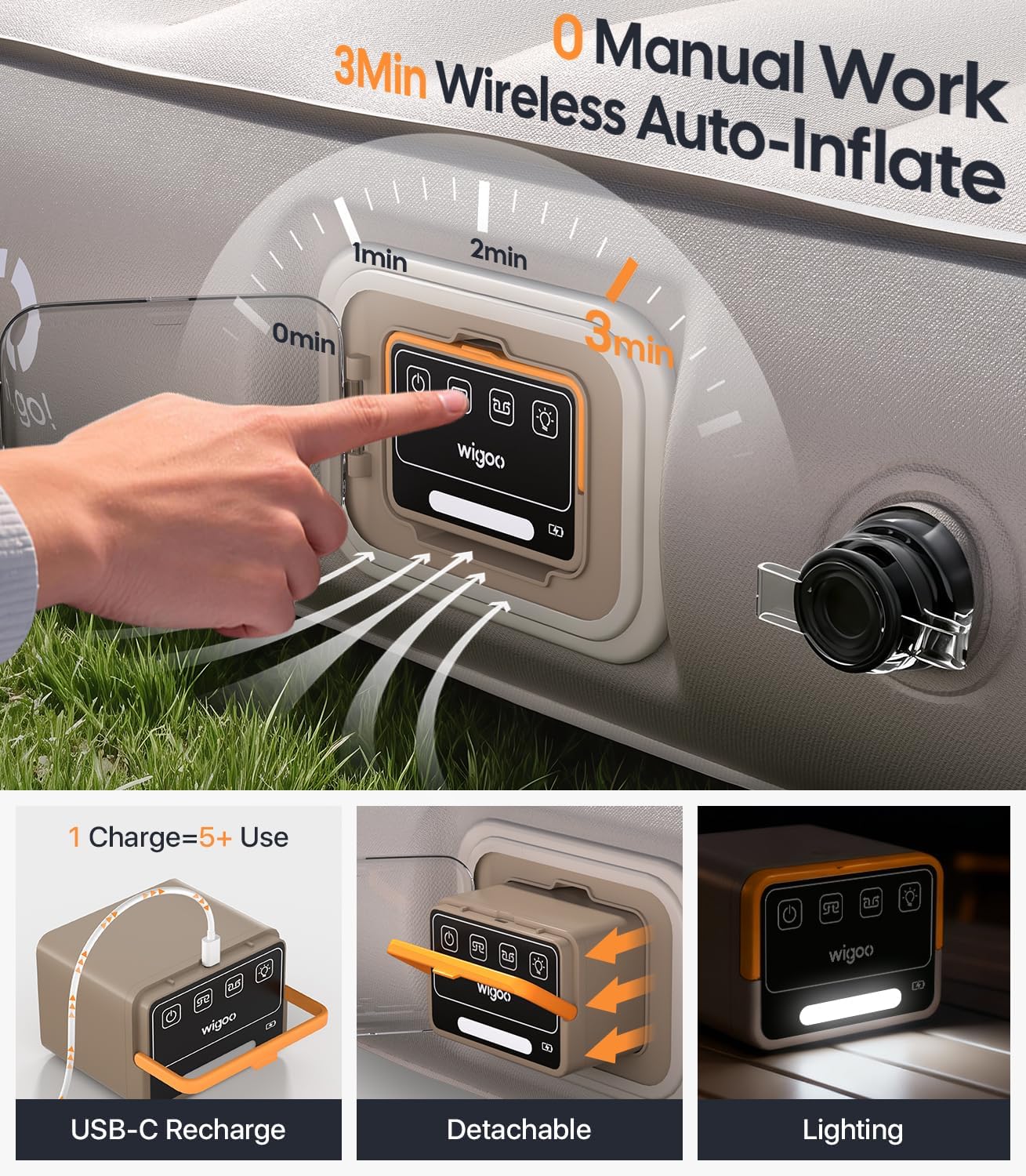 Wigo manual work 3-minute wireless auto-inflate device with USB-C recharge, detachable feature, and lighting capabilities.