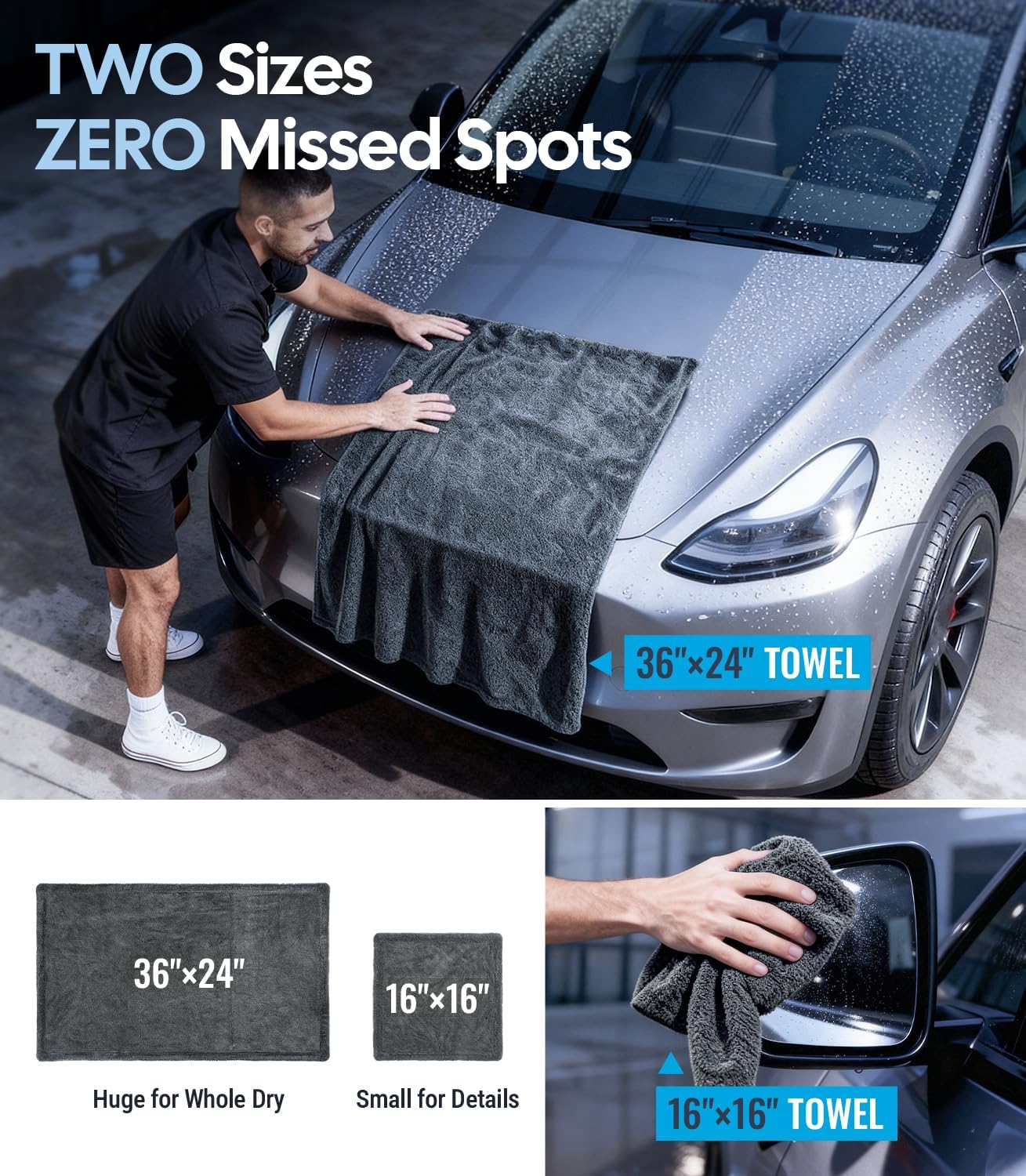 Person cleaning a car with a large towel, showcasing two towel sizes with text indicating 'TWO Sizes ZERO Missed Spots'.