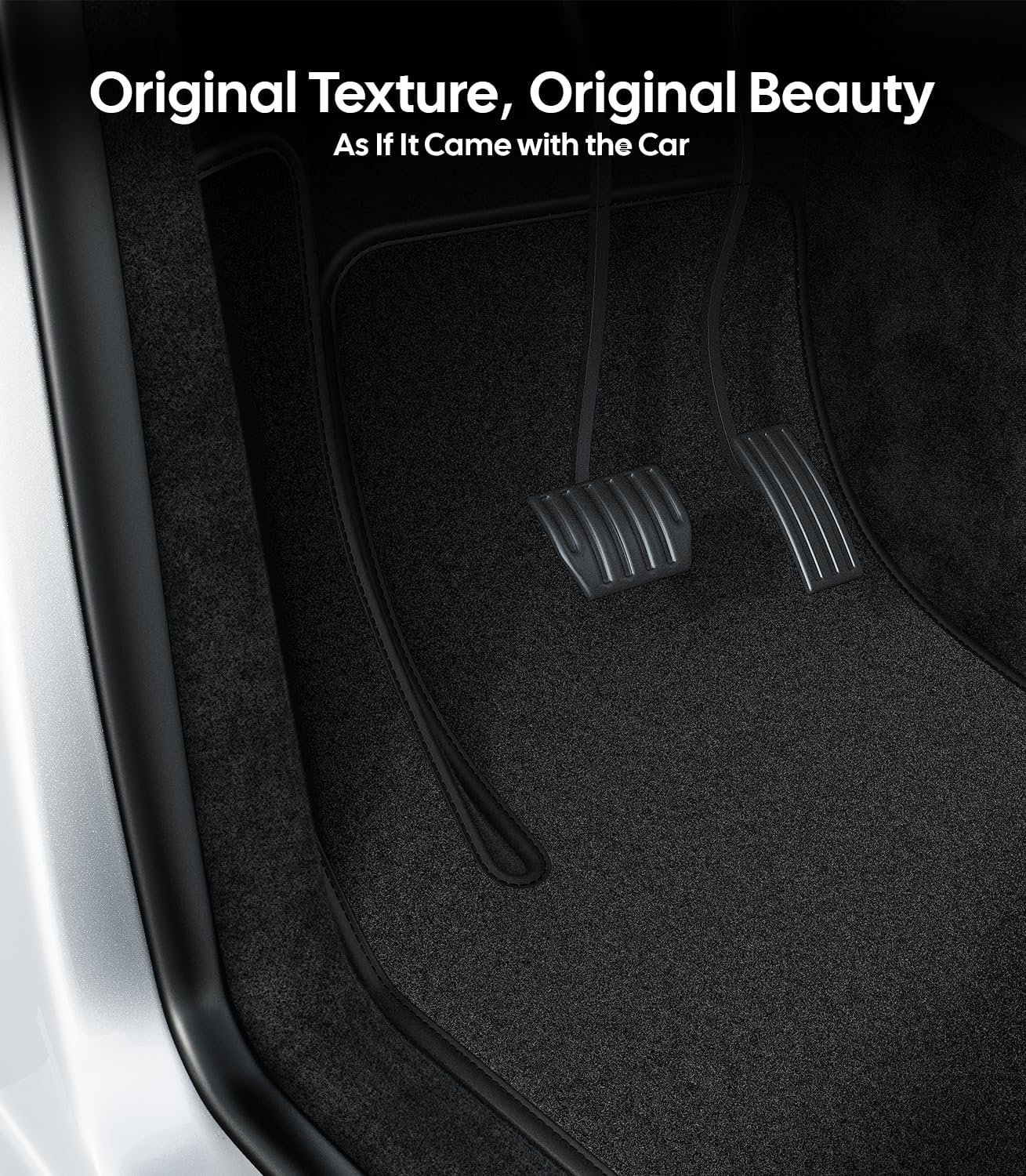 Car floor mats with text 'Original Texture, Original Beauty As If It Came with the Car' on a car interior background.