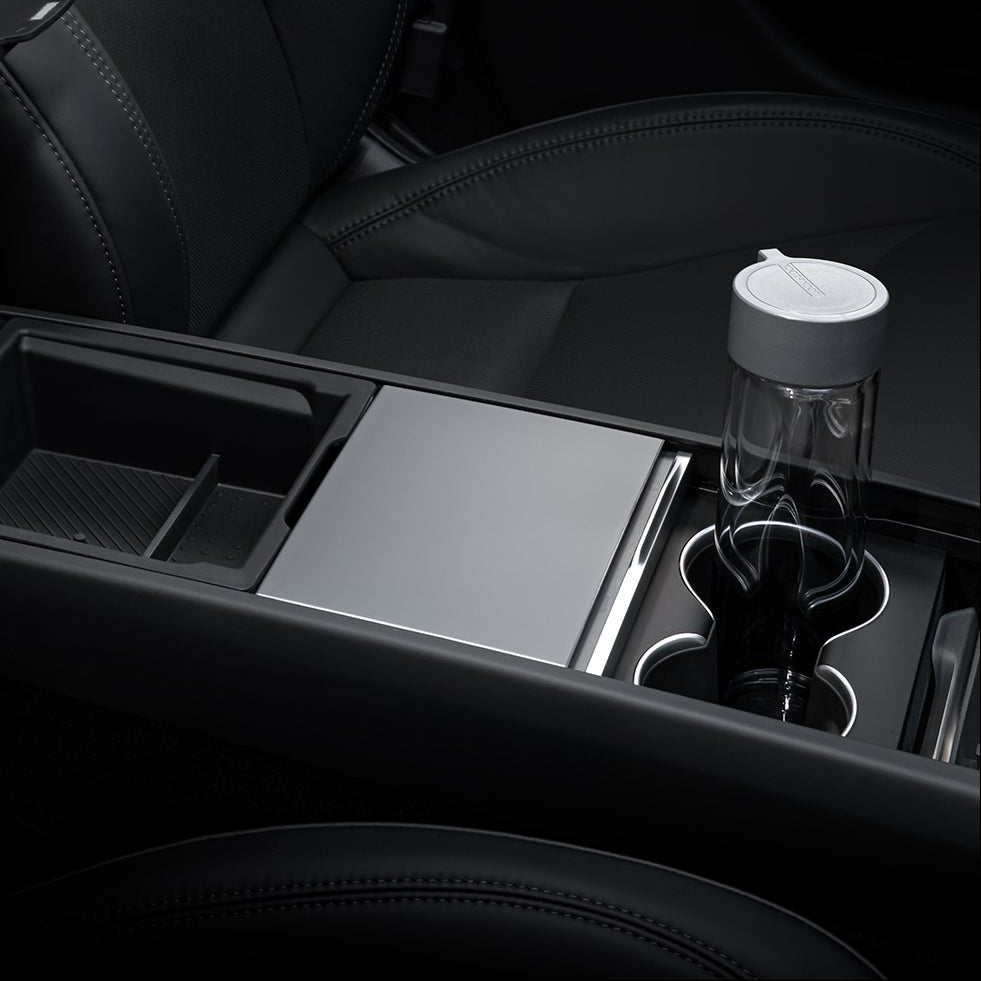 Car center console organizer with cup holders and storage compartments, 'shop now' button visible.