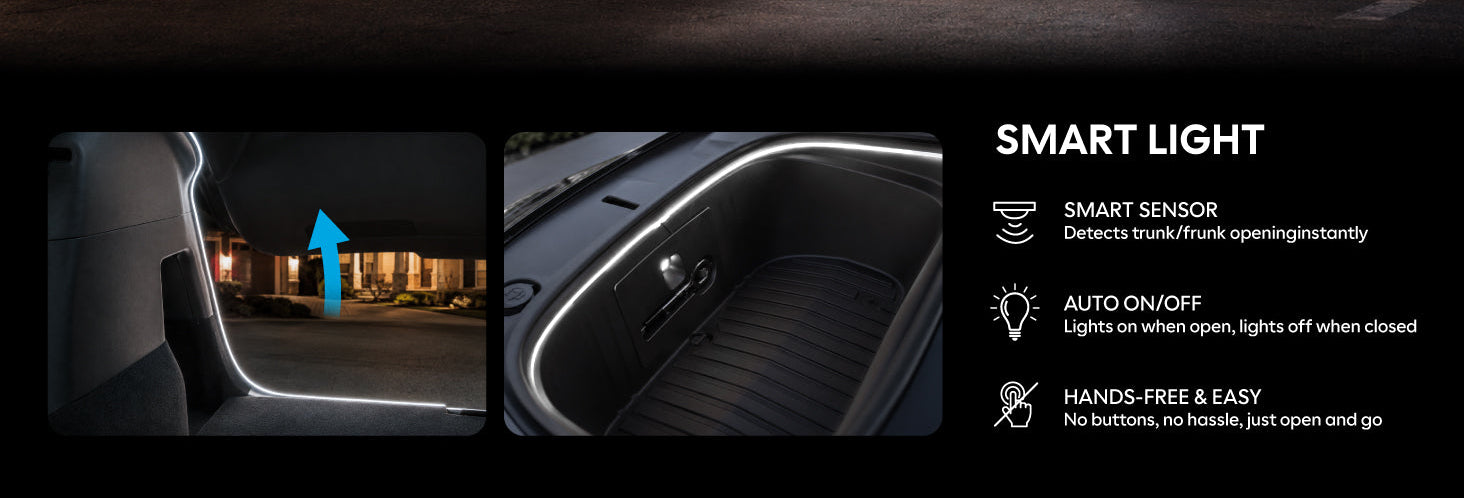 Promotional graphic for a car interior light feature, showing a dark car interior with illuminated door and trunk areas, plus text callouts reading SMART SENSOR, AUTO ON/OFF, and HANDS-FREE & EASY.