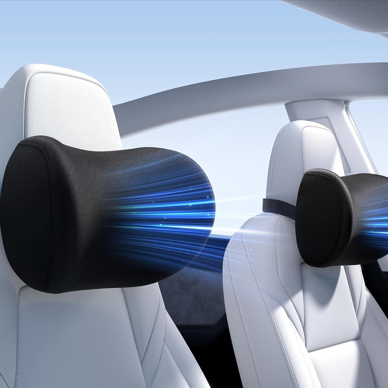 Black neck pillows in a car seat with blue lighting effect, 'Neck Pillow' text and 'shop now' button.
