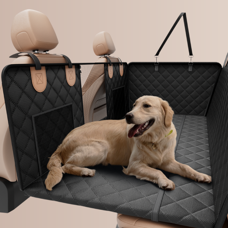 Car seat cover for a dog with a dog sitting inside on a beige background