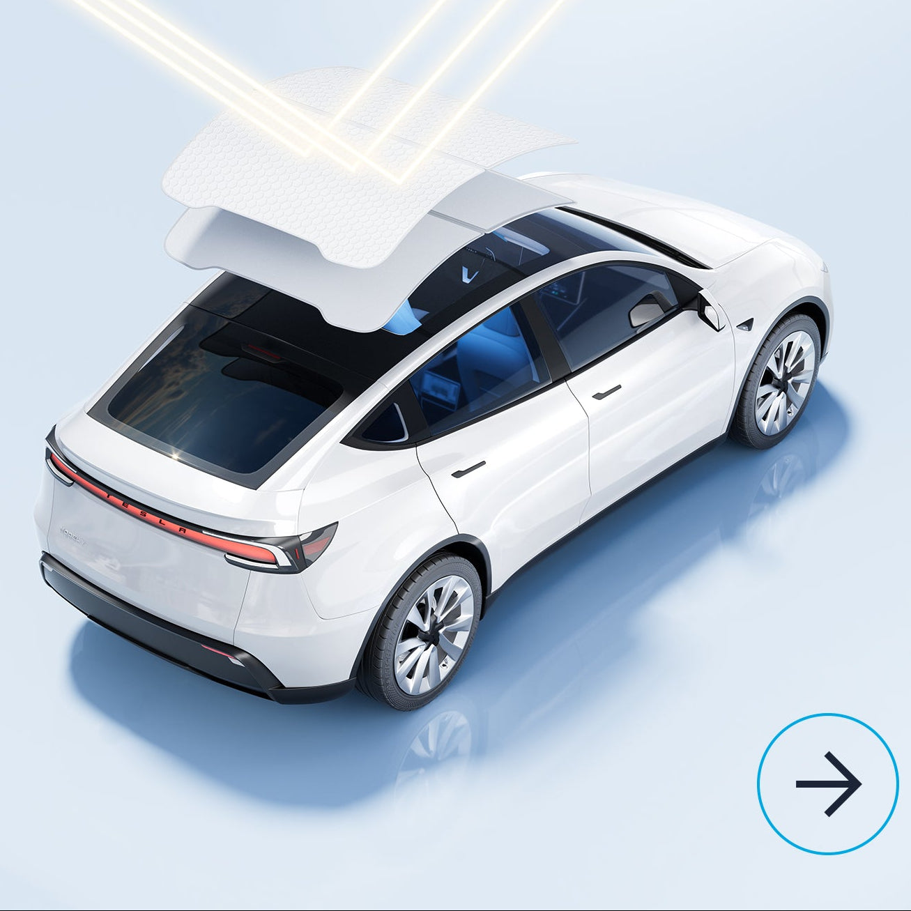 White car with sunshade roof feature on a light blue background